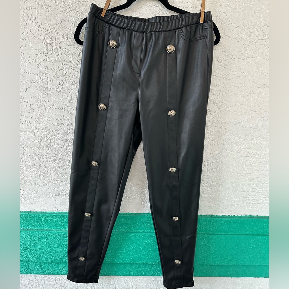Venus Black Pleather Leggings Pants Gold Crest Military Buttons Medium